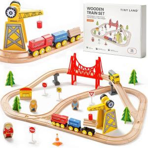 imageTiny Land 110PCS Wooden Train Set  Toy Train with Tracks for Kids Ages 37 Compatible with Major Brands Ideal Railway Playset for Boys and Girls Great Birthday55PCS Train Set