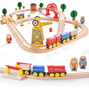 imageTiny Land 110PCS Wooden Train Set  Toy Train with Tracks for Kids Ages 37 Compatible with Major Brands Ideal Railway Playset for Boys and Girls Great BirthdayWooden Train Set