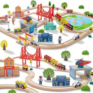 imageTiny Land 110PCS Wooden Train Set  Toy Train with Tracks for Kids Ages 37 Compatible with Major Brands Ideal Railway Playset for Boys and Girls Great Birthday110PCS Train Set