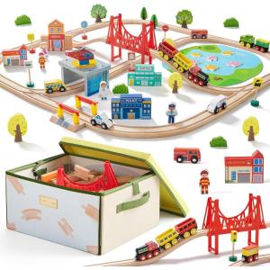 imageTiny Land 110pcs Wooden Train Set with Folding Storage Box Wooden Train Track Toy for Boys ampamp Girls Age 37 Includes Convenient Storage110PCS Train Set  Folding Storage Box