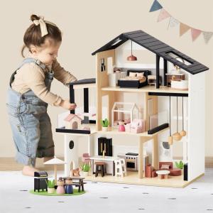 imageTiny Land Doll House Modern Family Dollhouse with Realistic Design Wooden Dollhouse with 53Pcs Furniture  Ideal Gift for Kids Ages 3