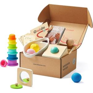 imageTiny Land Montessori Toy Set for Babies 79 Months Senser Play Kit  5in1 Wooden Learning Toys with Object Permanence Box Sensory Ball Stacking Cups and Mirror PuzzleBody Board Book79M Educational Box