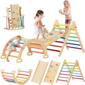 imageTiny Land Pikler Triangle Set 7in1 Foldable Pikler Triangle Climbing Toys Set for KidsBaby Indoor Playground Jungle Gym Wooden Montessori Climbing Set for Toddler RainbowRainbow