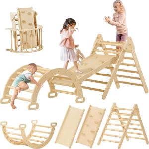 imageTiny Land Pikler Triangle Set 7in1 Foldable Pikler Triangle Climbing Toys Set for KidsBaby Indoor Playground Jungle Gym Wooden Montessori Climbing Set for Toddler RainbowNatural Wood Color