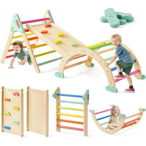 imageTiny Land Pikler Triangle Set7in1 Foldable Montessori Toddler Climbing Toys Indoor Wooden Playground Jungle Gym for Kids Climber Gift for Boys ampamp Girls Toddler Climbing Toys MorandiRainbow