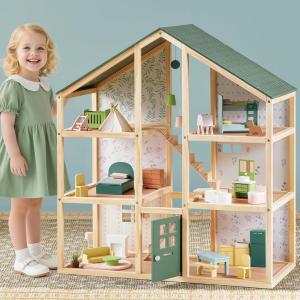 imageTiny Land Wooden Dollhouse for Girls  6 Rooms Wooden Doll House DIY Pretend Doll House with 31Pcs Furniture Accessories Creative Gift for Girl Ages 3Green