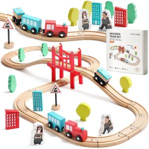 imageTiny Land Wooden Train Set for Toddler  39 Pcs with Wooden Tracks Compatible with Major Brands  Expandable ChangeableTrain Toy for 3 4 5 Years Old Girls ampamp Boys39pcs Wooden Train Set
