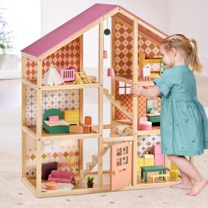 imageTiny Land Wooden Dollhouse for Girls  6 Rooms Wooden Doll House DIY Pretend Doll House with 31Pcs Furniture Accessories Creative Gift for Girl Ages 3 Dusty Pink