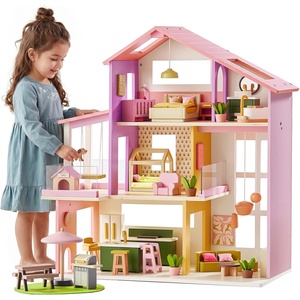image:imageTiny Land Wooden Doll House Modern Family Dollhouse with Realistic Design 7 Rooms Dollhouse with 49 PCS Accessories Montessori Pretend Play Toddler Toy Ideal Gift for Kids Ages 3 GreenPink