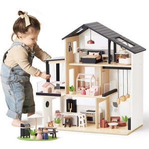 image:imageTiny Land Wooden Doll House Modern Family Dollhouse with Realistic Design 7 Rooms Dollhouse with 49 PCS Accessories Montessori Pretend Play Toddler Toy Ideal Gift for Kids Ages 3 GreenBlack